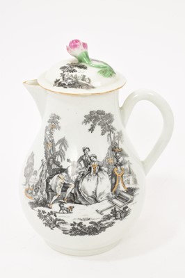 Lot 313 - Worcester milk jug and cover, printed by Robert Hancock with L’Amour, and highlighted in gilt, circa 1770