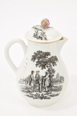 Lot 81 - Worcester milk jug and cover, printed by Robert Hancock with L’Amour, and highlighted in gilt, circa 1770