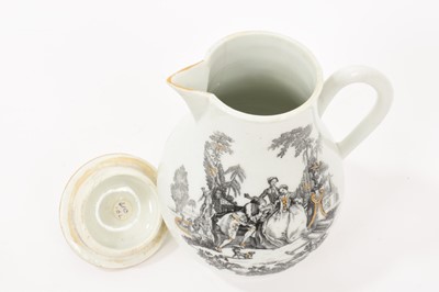 Lot 81 - Worcester milk jug and cover, printed by Robert Hancock with L’Amour, and highlighted in gilt, circa 1770