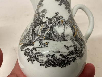 Lot 81 - Worcester milk jug and cover, printed by Robert Hancock with L’Amour, and highlighted in gilt, circa 1770