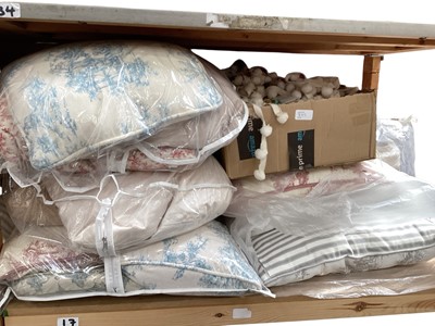 Lot 378 - Selection of cushions with a 9 meter roll of striped fabric