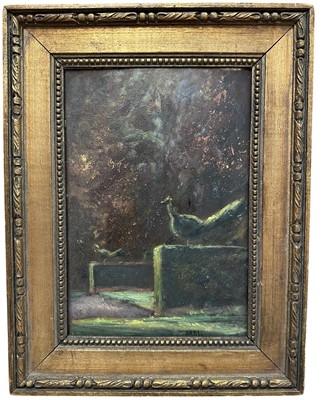 Lot 182 - English School, oil on panel - Garden Topiary, indistinctly signed, 21.5cm x 15cm, in gilt frame