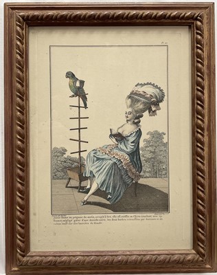 Lot 187 - Antique French hand coloured engraving depicting a stylish lady with a parrot, titled, 30cm x 22cm, in glazed frame