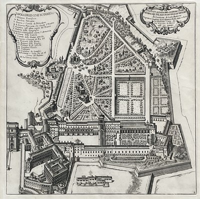 Lot 132 - Antique engraving of Vatican Palace and Gardens, 30cm x 30cm, glazed gilt frame