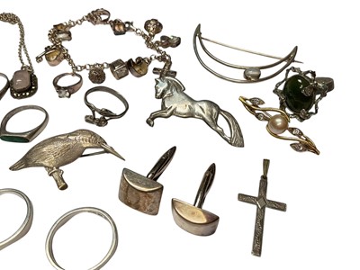 Lot 239 - Group of silver and white metal jewellery to include rings, pair of cufflinks, brooches, pendant necklaces and a contemporary charm bracelet