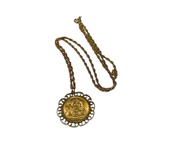 Lot 526 - G.B. - Gold Sovereign Elizabeth II 1966 set in 9ct gold mount with chain (N.B. Total Wt. 17.7gms) (1 coin & chain)