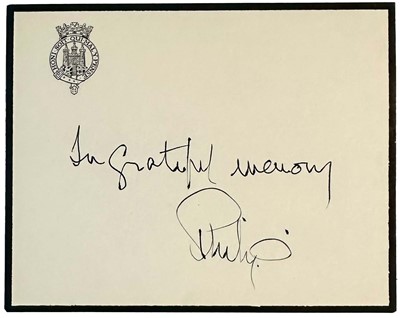 Lot 53 - H.R.H. Prince Philip The Duke of Edinburgh, inscribed and signed card from the wreath laid on the Malta Memorial on Tower Hill, London on Duke of Edinburgh Cypher headed card ' In grateful memory...