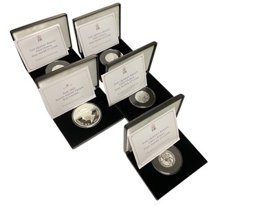 Lot 523 - G.B. - Royal Mint 2oz .999 silver £5 coins 'The Queen's Beasts' 2016, 2019, 2020 x 2 and Tristian Da Cunha .925 silver 5oz Twenty Laurels 2021 (N.B. All cased with Certificates of Authenticity)...
