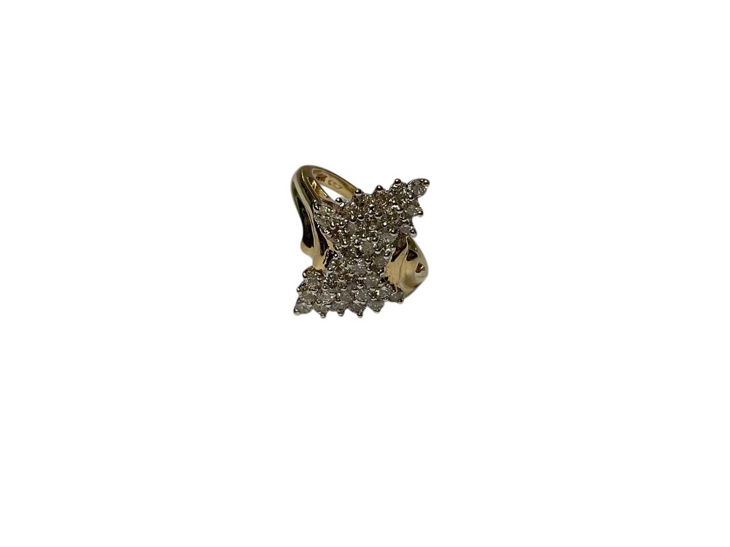 Lot 253 - Diamond cluster ring with thirty-three brilliant cut diamonds in claw setting with stylised shoulders on 14ct gold shank. Ring size J ...