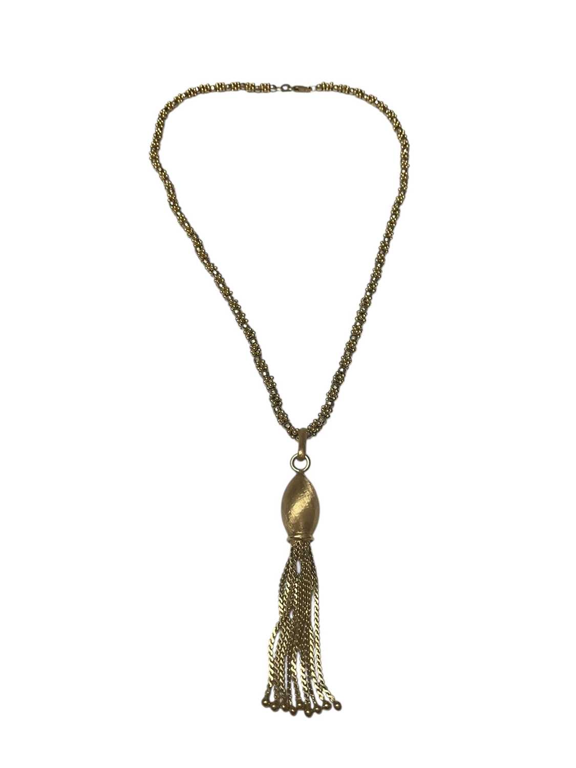 Lot 256 - 18ct gold tassel pendant, 7.5cm long, on 18ct yellow and white gold bead chain with 9ct gold clasp, 43cm long