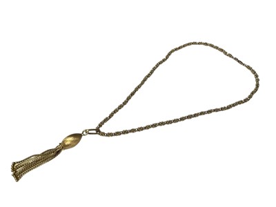 Lot 256 - 18ct gold tassel pendant, 7.5cm long, on 18ct yellow and white gold bead chain with 9ct gold clasp, 43cm long