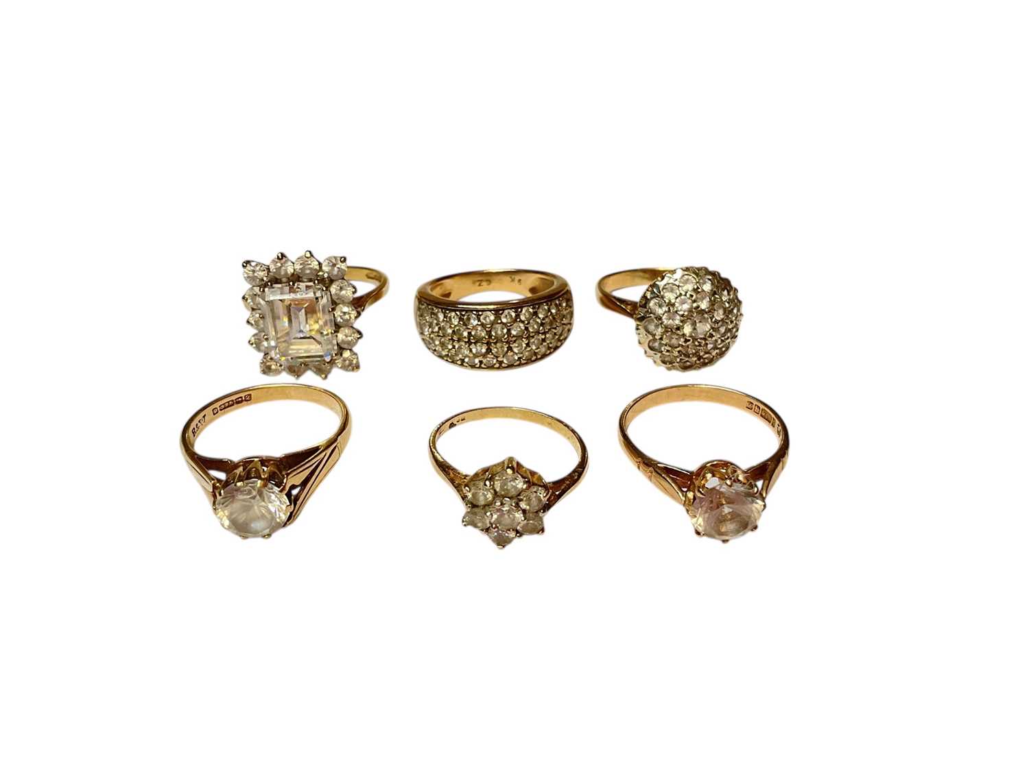 Lot 263 - Six 9ct gold synthetic white stone dress rings