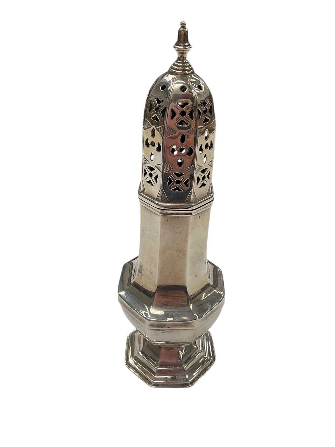 Lot 268 - Edwardian silver sugar caster, (London 1906), maker Goldsmiths & Silversmiths Ltd, 18cm in overall height, all at 4ozs