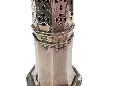 Lot 268 - Edwardian silver sugar caster, (London 1906), maker Goldsmiths & Silversmiths Ltd, 18cm in overall height, all at 4ozs