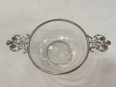 Lot 272 - Late Victorian cut glass dish with applied silver mount, (London 1899), maker William Comyns, together with two silver mounted cut glass scent bottles (various dates and makers).