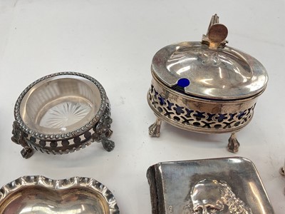 Lot 275 - Group of assorted silver items to include an early Victorian silver snuff box, (Birmingham 1838), two silver mustard pots, trowel book mark and other items (various dates and makers), approximat...