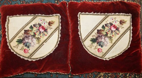 Lot 3124 - Pair of Victorian red velvet cushions with...