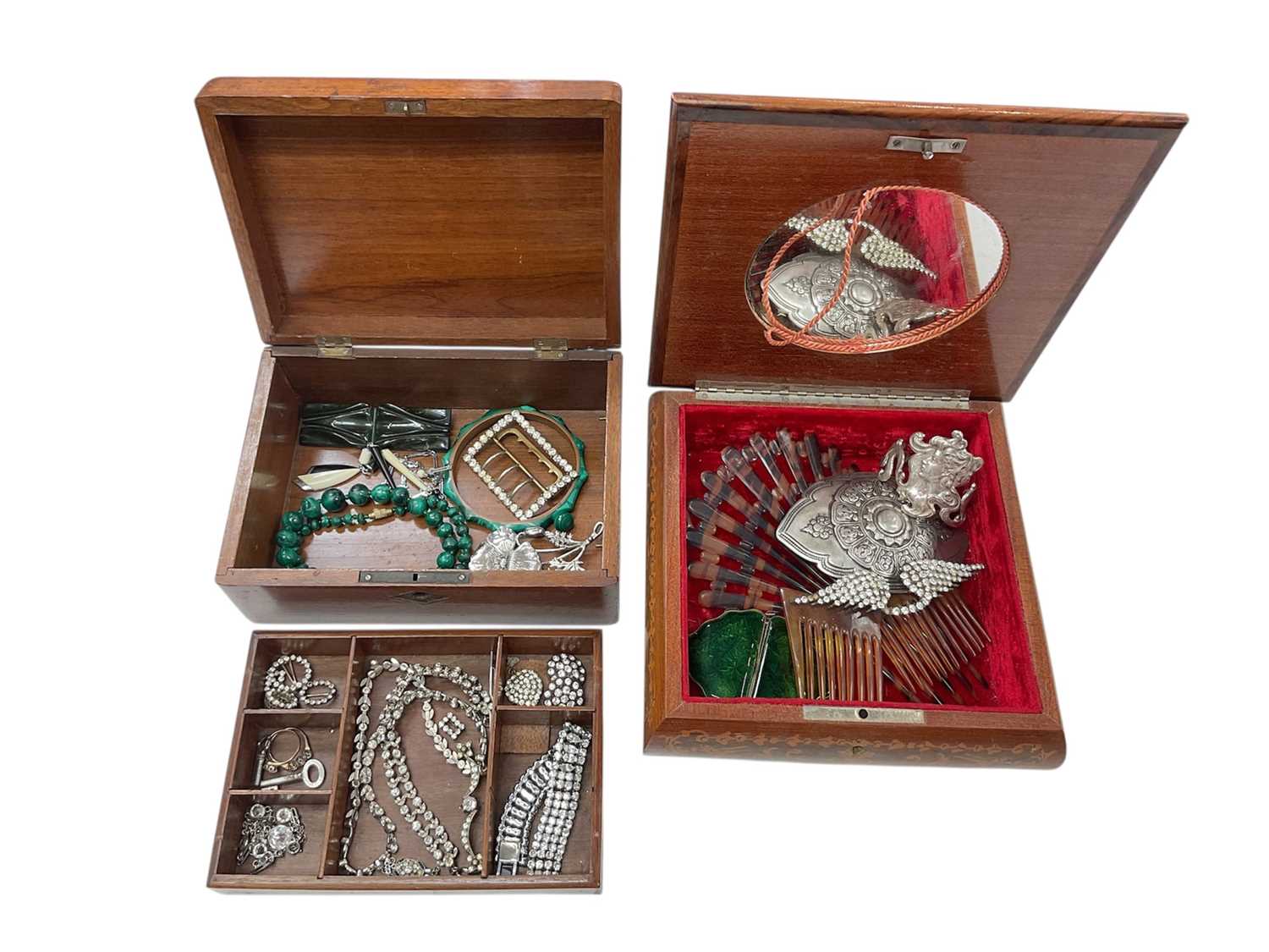 Lot 280 - Two wooden boxes containing vintage paste set jewellery, large white metal buckle, Art Nouveau style plated bangle, malachite bead necklace and bijouterie