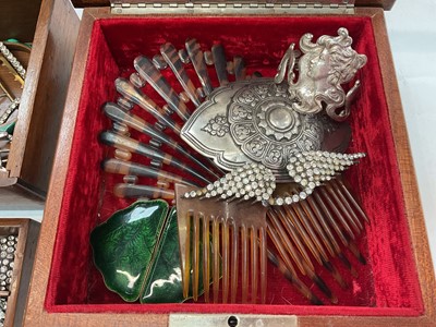 Lot 280 - Two wooden boxes containing vintage paste set jewellery, large white metal buckle, Art Nouveau style plated bangle, malachite bead necklace and bijouterie