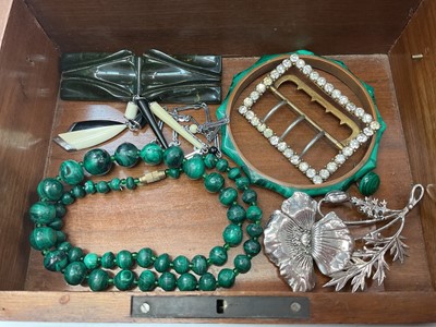 Lot 280 - Two wooden boxes containing vintage paste set jewellery, large white metal buckle, Art Nouveau style plated bangle, malachite bead necklace and bijouterie