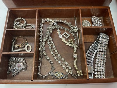 Lot 280 - Two wooden boxes containing vintage paste set jewellery, large white metal buckle, Art Nouveau style plated bangle, malachite bead necklace and bijouterie