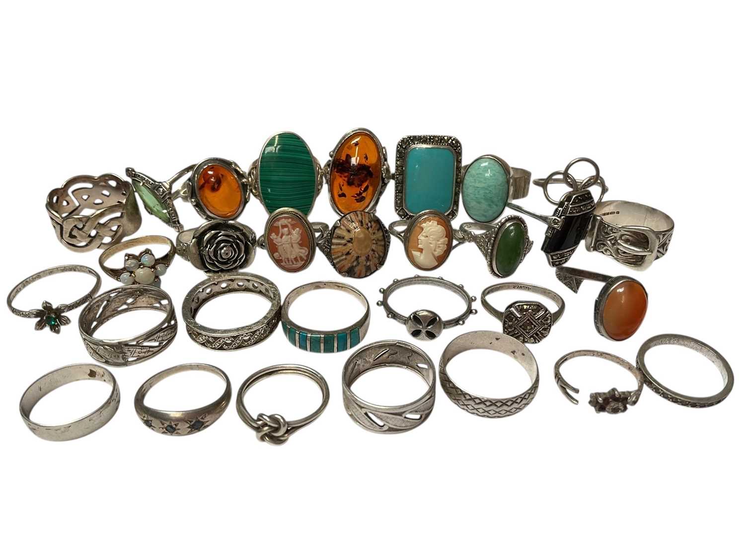 Lot 282 - Collection of silver and white metal rings including malachite, amber, cameo, marcasite etc
