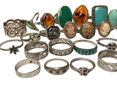 Lot 282 - Collection of silver and white metal rings including malachite, amber, cameo, marcasite etc