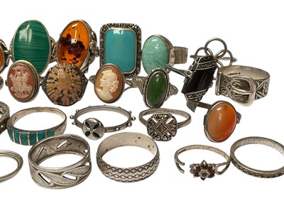Lot 282 - Collection of silver and white metal rings including malachite, amber, cameo, marcasite etc