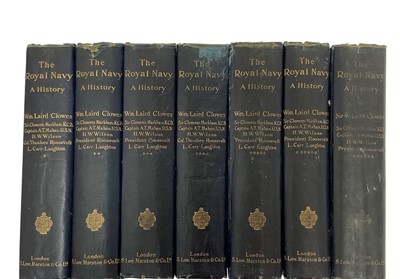 Lot 58 - 'The Royal Navy A History' by William Laird Clowes, published 1898, Seven Volumes, gilt embossed blue cloth boards. Provenance: From the library of Admiral of The Fleet The Lord Lewin KG,...
