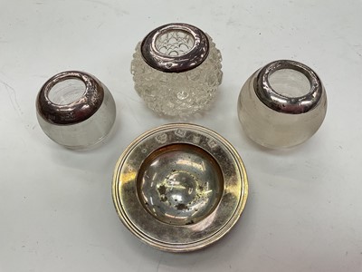 Lot 1060 - Three silver mounted glass vesta globes and a silver armada dish by Harrods (4)