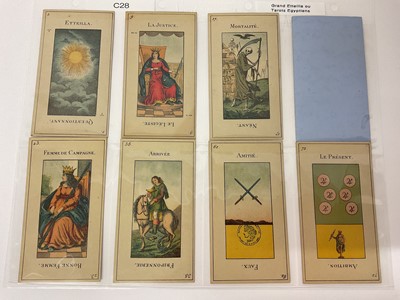 Lot 1073 - Deck of La Grand Etteilla ou Tarots Egyptiens, 78 cards, with two blanks and instructions circa 1900, with another later deck. (2)