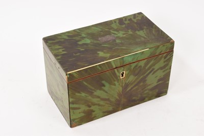 Lot 919 - Rare George III green stained tortoiseshell tea caddy, of rectangular form, the interior with twin lidded compartments, 17cm wide