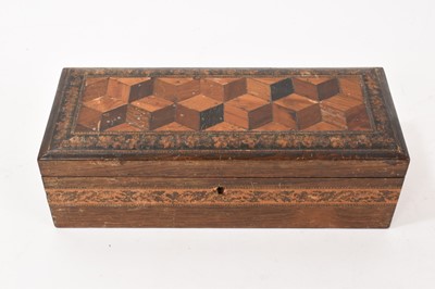 Lot 921 - 19th century Tunbridge ware box, with tumbling block panel to the hinged top, 26cm high