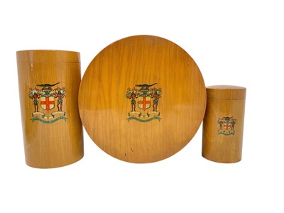 Lot 79 - Three early 20th century satinwood containers with 'Alabaster House, Jamaica' coat of arms to each