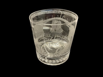 Lot 323 - Early 19th century glass tumbler with moulded foot, engraved with an image of the Sunderland Bridge, also engraved Wm. Breet Coulson, 9cm in height. N.B. Possibly named to William Coulson...