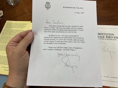 Lot 70 - H.R.H. Prince Philip The Duke of Edinburgh, signed book 'Competition Carriage Driving' by H.R.H. The Duke of Edinburgh, signed ' Philip' . Sold with copy of a letter from The Duke gifting the bo...