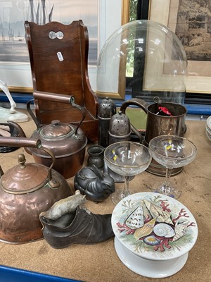 Lot 213 - Miscellaneous items including Victorian glass dome, miniature fruitwood chair, metalwares, sundries