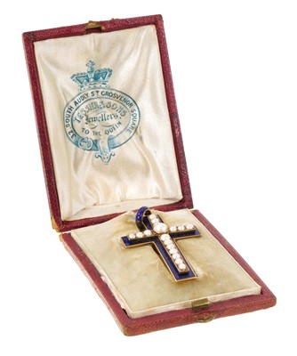 Lot 601 - Mid 19th century gold, enamel and pearl mourning pendant, the front of the cross with sixteen half pearls on cobalt blue enamel ground, the reverse with glazed locket compartment containing plat...