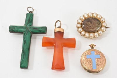 Lot 603 - George III gold and pearl mourning brooch, Victorian gilt metal and turquoise enamel locket, Victorian gold mounted carnelian cross pendant and a Victorian malachite and silver cross pendant (4)...