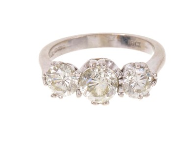 Lot 699 - Diamond three stone ring with three brilliant cut diamonds estimated to weigh approximately 1.65cts in total, in claw setting on 18ct white gold shank. Ring size I½....