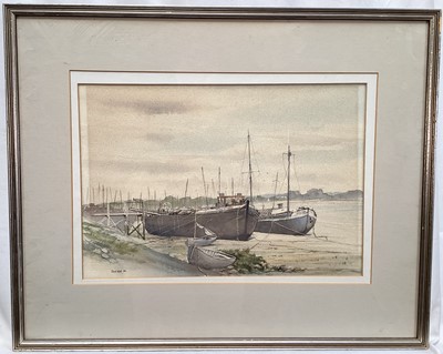 Lot 978 - David Rust watercolour - River Barge at Heybridge Basin, signed and dated '80, 24cm x 35cm, in glazed frame