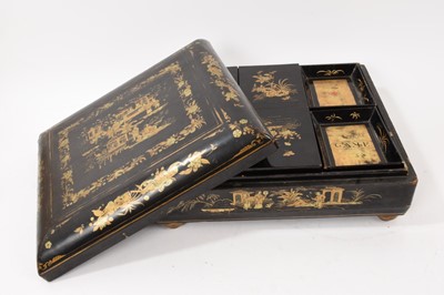 Lot 1037 - 19th century Chinese papier mâché counter box, of domed sarcophagus form, with gilt figural reserves, raised on bun feet, the interior with four lidded boxes and card trays