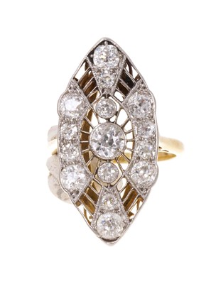 Lot 701 - Art Deco cocktail ring with a marquise shape pierced openwork plaque set with fifteen graduated old cut diamonds in millegrain setting on yellow gold shank, ring size I½