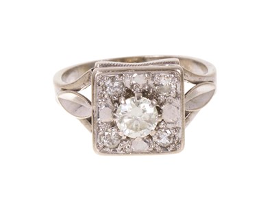 Lot 702 - Art Deco style diamond cluster ring with a square plaque set with a central brilliant cut diamond estimated to weigh approximately 0.30cts and four smaller brilliant cu...