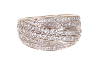 Lot 706 - Diamond ring with six pavé set diamond bands in a crossover design on 18ct white gold tapered shank. Ring size J½.