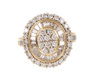 Lot 707 - Diamond cluster ring with a central cluster of ten brilliant cut diamonds surrounded by a border of baguette cut diamonds and further brilliant cut diamonds in 18ct gold setting with baguette cu...