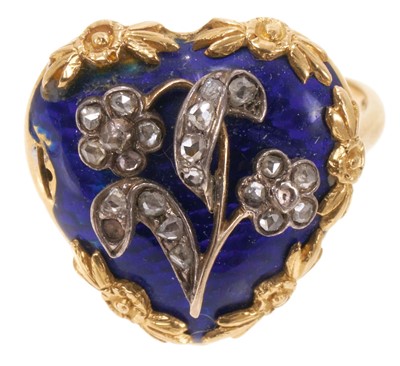 Lot 617 - Regency gold diamond and blue enamel heart shape ring with two diamond forget-me-nots on blue enamel ground, converted from a clasp to a ring, on later gold shank, heart measures 19mm, ring size...