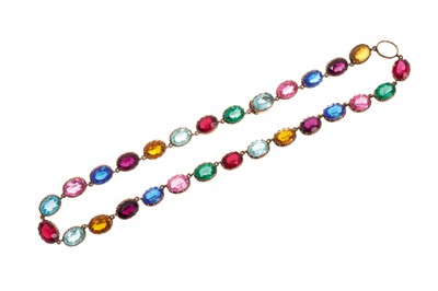 Lot 618 - Georgian/19th century gold and paste harlequin necklace with oval mixed cut coloured paste stones in gold collet setting. One stone missing. Length 39cm
