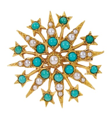 Lot 620 - Victorian style turquoise and seed pearl snowflake brooch in 9ct gold setting, London 1969, diameter 30mm.