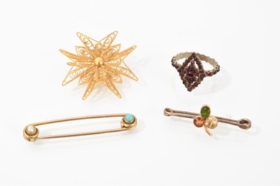 Lot 622 - Regency-style yellow metal filigree Maltese Cross pendant/brooch, two Edwardian bar brooches and a 19th century Bohemian garnet cluster ring